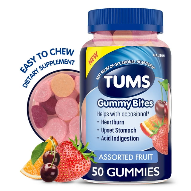 TUMS Gummy Bites Dietary Supplement for Occasional Heartburn Relief, Upset Stomach and Acid Indigestion, Assorted Fruit Flavors - 50 Count