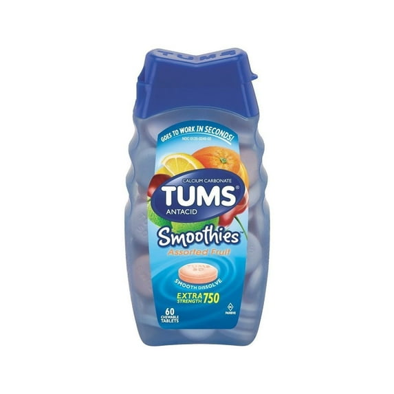 Tums Smoothies Assorted Fruit Flavors Extra Strength Chewable Tablets, 60 Count Per Bottle 2 Bottles