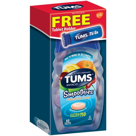 Tums Smoothies Extra Strength 750 Antacid Calcium Carbonate Assorted Fruit Chewable Tablets 60 ct Box