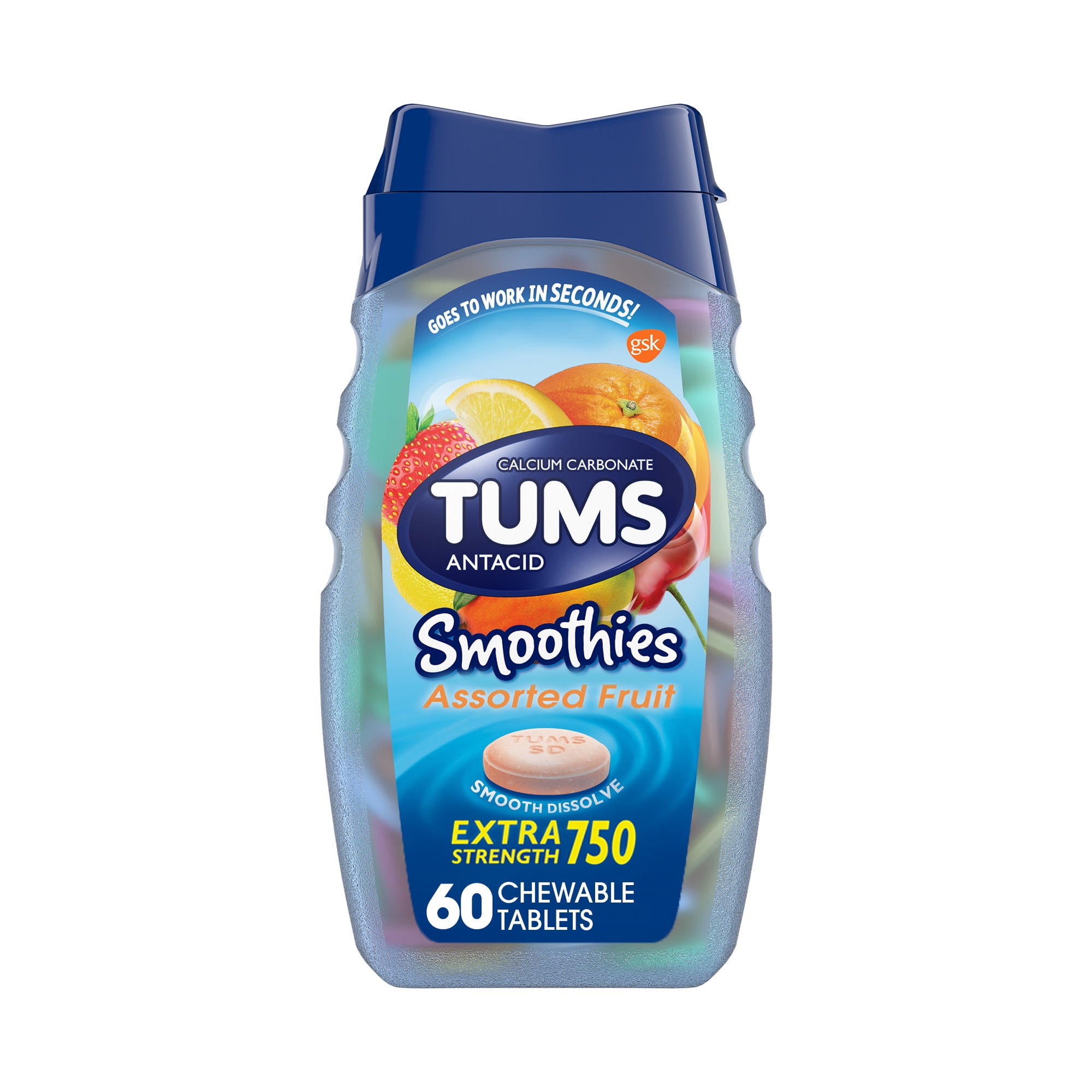 Tums Smoothies Extra Strength Heartburn Relief Antacid Tablets, Fruit, 60 Count