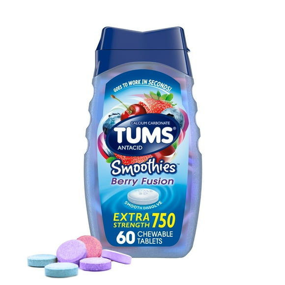 Tums Smoothies Extra Strength Heartburn Relief Chewable Antacid Tablets, Berry Fusion, 60 Ct