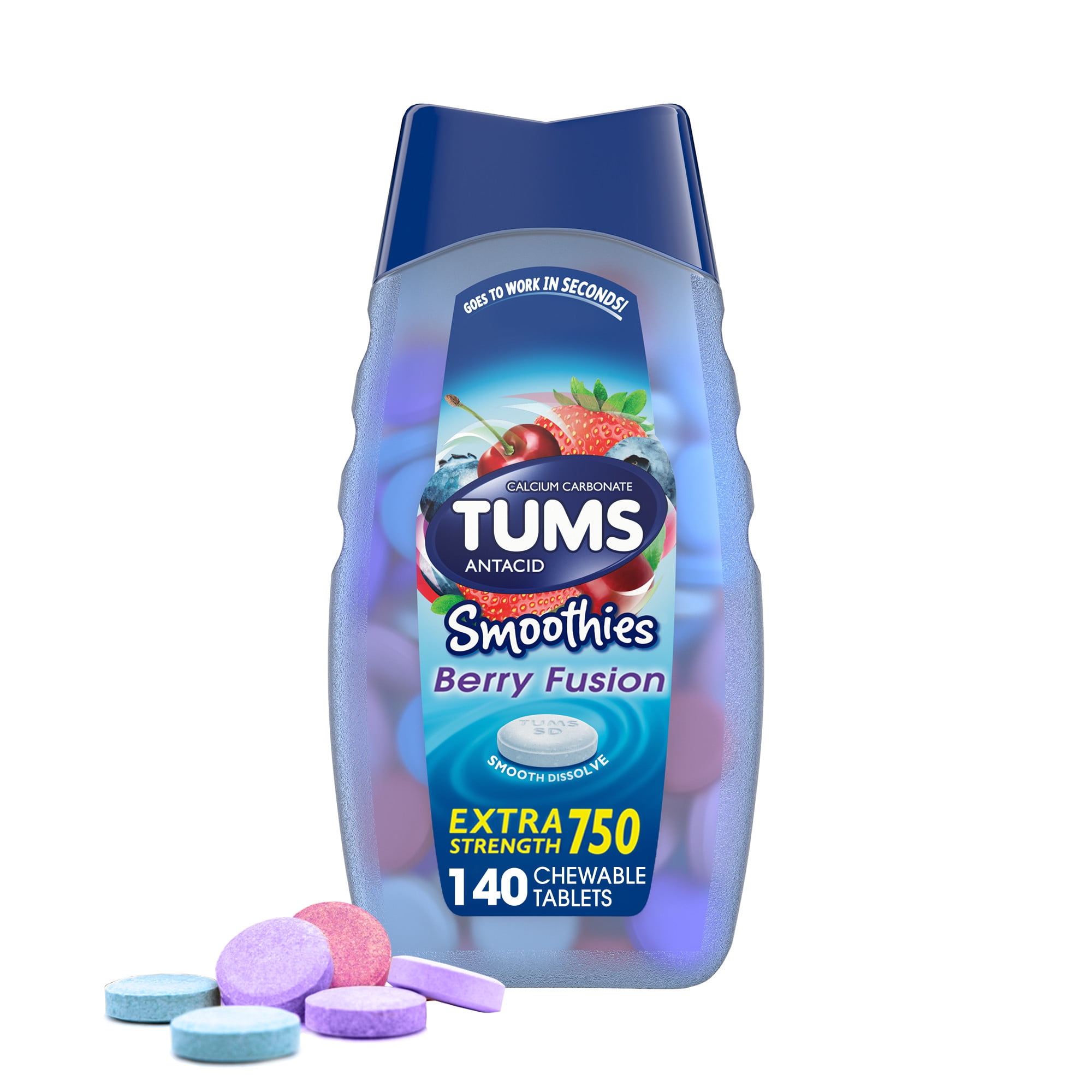 Tums Smoothies Extra Strength Heartburn Relief Chewable Tablets, Berry Fusion, 140 Ct