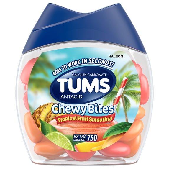 Tums Chewy Bites Chewable Antacid Tablets for Heartburn Relief, New Tropical Fruit Smoothie - 32 Count