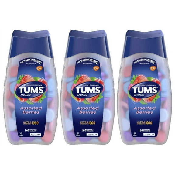 Tums Ultra 1000 Maximum Strength Heartburn Relief Chewable Tablets, Assorted Berries - 160 Ea (Pack of 3)