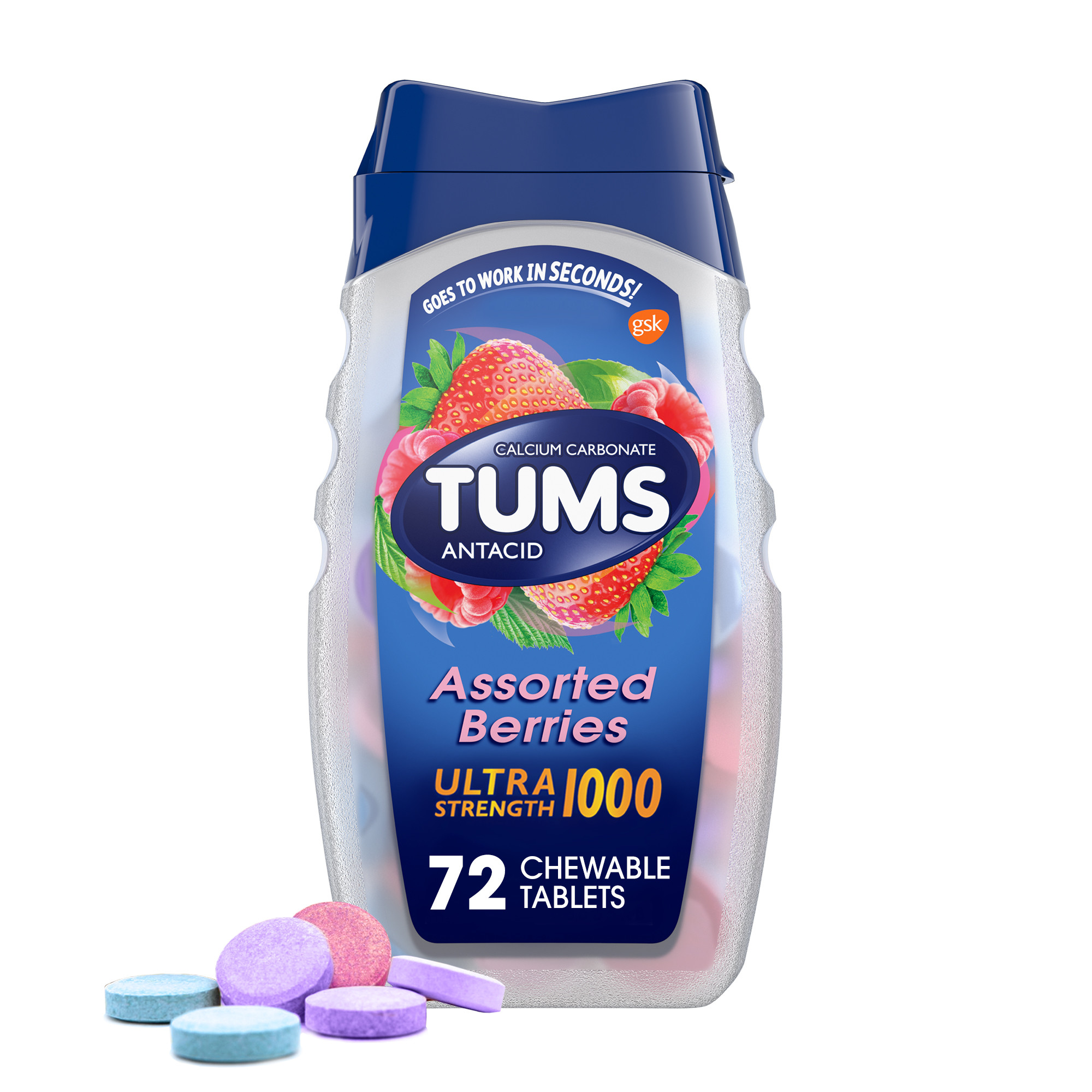 Tums Ultra Strength 1000 Assorted Berries Antacid Tablets, 72 Ct - image 1 of 11