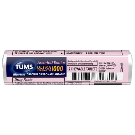 Tums Ultra Strength Heartburn Relief Chewable Antacid Tablets, Berry, 12 Count