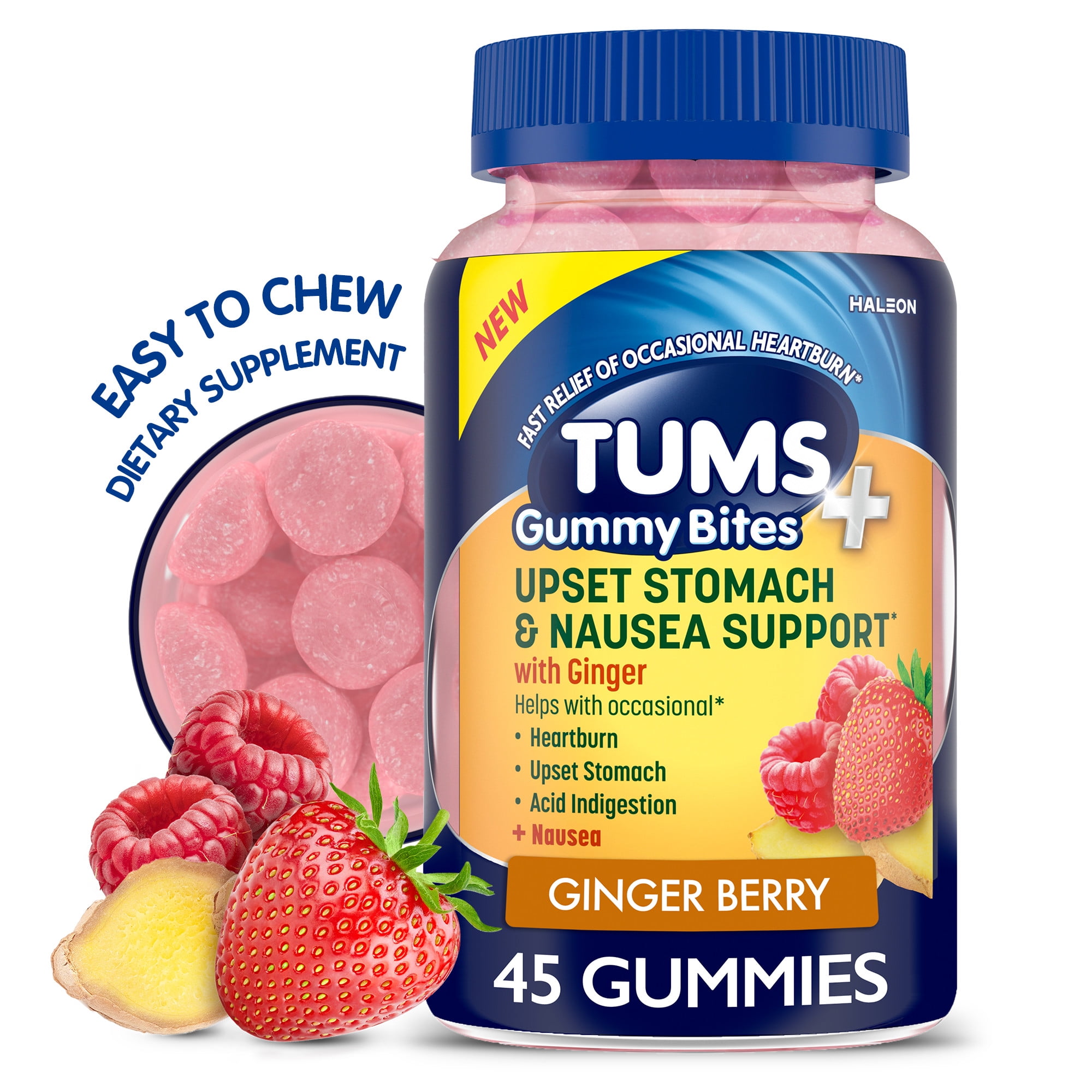 Tums+ Upset Stomach & Nausea Support, Dietary Supplement, Ginger Berry - 45 Count