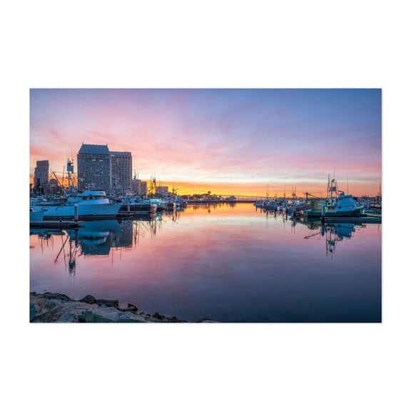 Tuna Harbor Dawn Serenity - San Diego California Photography Harbor Sunset City Skyline Coastal Architecture Unframed Wall Art Print 32 x 48 inches