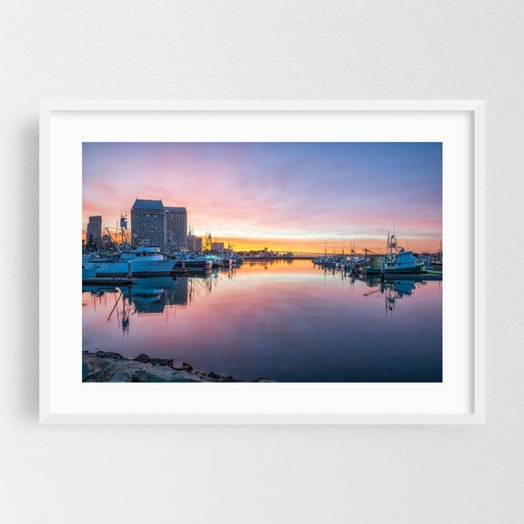 Tuna Harbor Dawn Serenity - San Diego California Photography White Framed Wall Art Print 24 x 36 inches