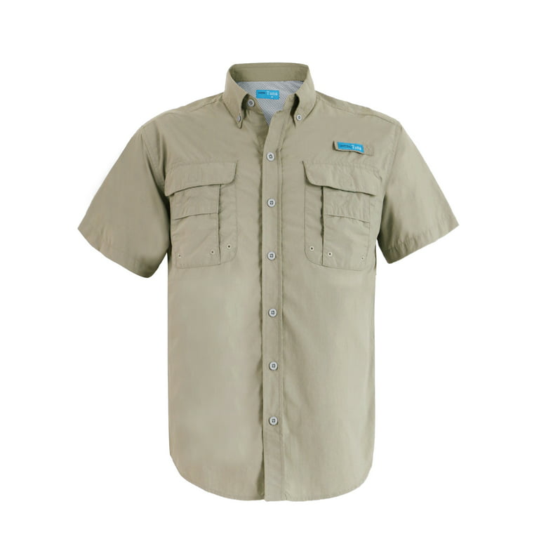 Tuna Men's UV UPF 50+ Sun Protection Soild Anti-Static Waterproof  Breathable Fast Dry SPF Hiking Fishing Short Sleeve Shirts (Fossil #1 XL) 