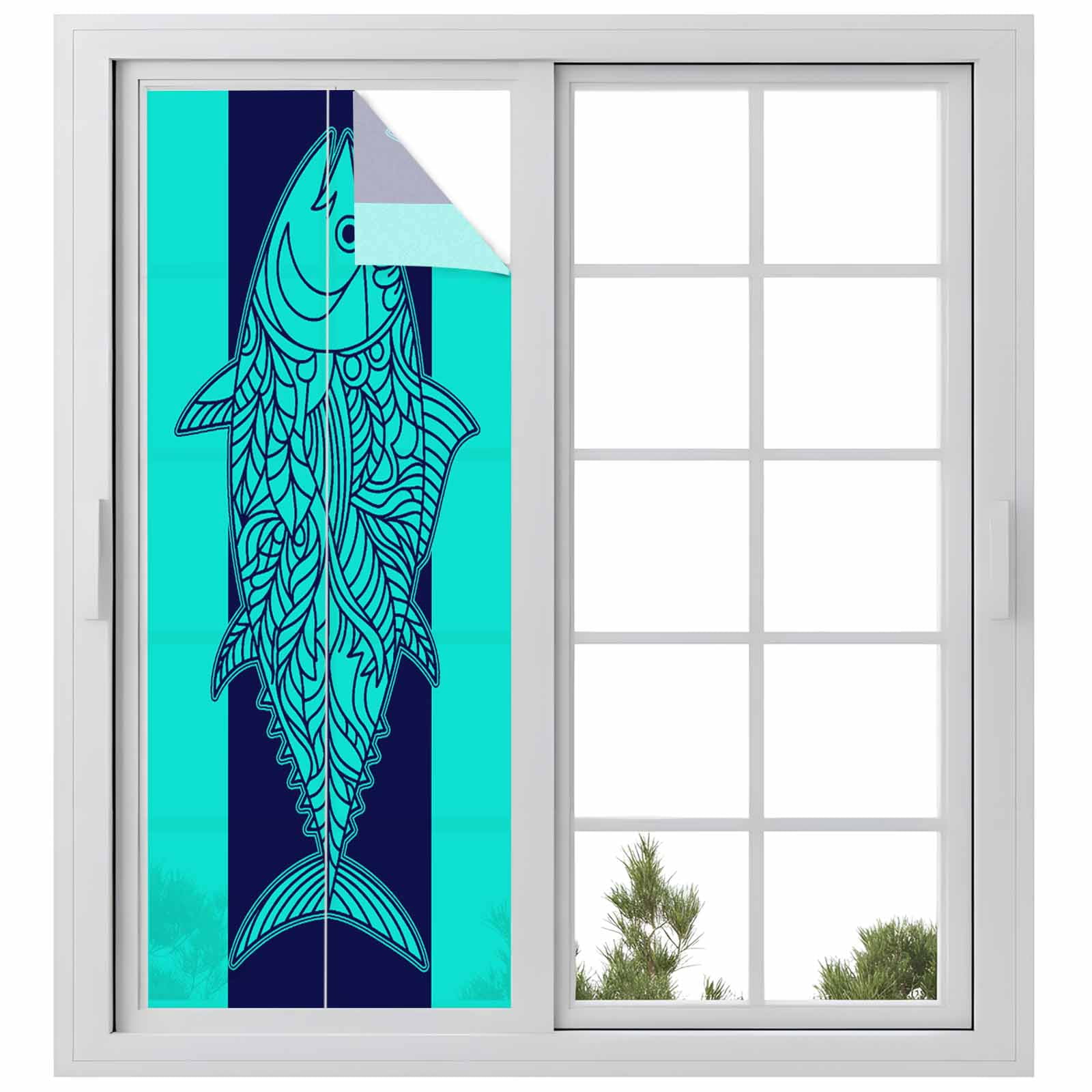 Tuna Window Privacy Film, Summer Beach Frosted Glass Window Clings Static Cling UV Heat Blocking Reusable Door Sticker for Bathroom 23.6 x 59 Inch