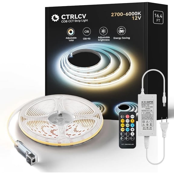 Tunable COB LED Strip Light Kit Dimmable 2700K-6500K Tape Light with IR Remote Adapter Flexible Rope LED Ribbon for Bedroom Home Lighting Mirror Kitchen Bar Cabinet Daylight Warm White