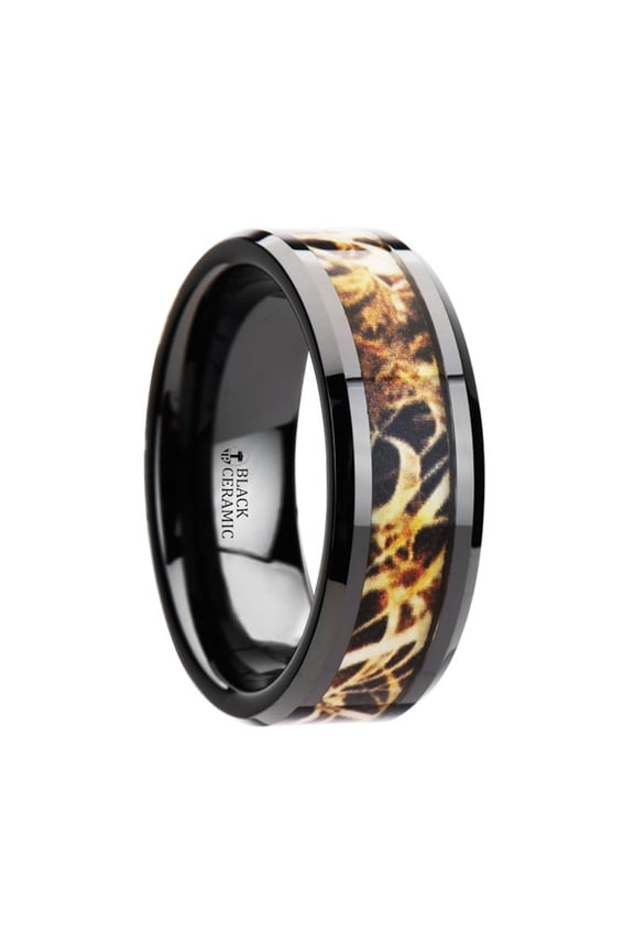Tundra Black Ceramic Wedding Band With Leaves Grassland Camo Inlay Ring
