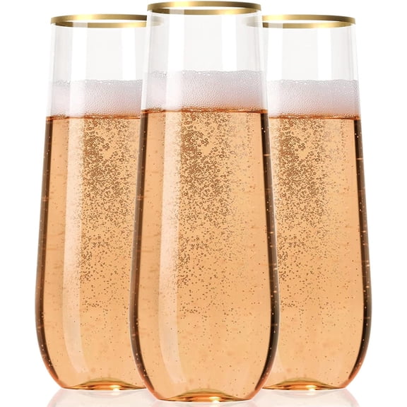 Tundras 30 Pack Plastic Stemless Champagne Flutes, 9 oz Clear Disposable, Gold Rim