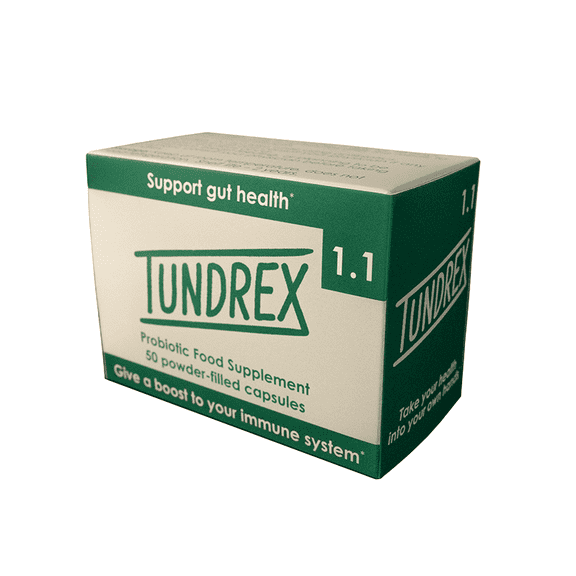 Tundrex 1.1 , 50 powder-filled capsules of Bacillus subtilis in protective blister packs, formulated to support digestive health and immune function.
