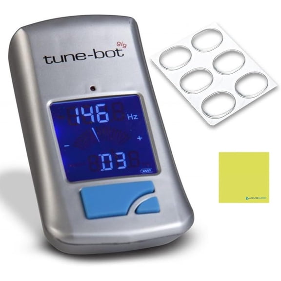 Tune Bot Gig Digital Drum Tuner Bundle with Liquid Audio Drum Dampening Pads and Instrument Polishing Cloth - TBG-001 Clip-On Digital Drum Tuner with Backlit LCD Display for Acoustic Drums