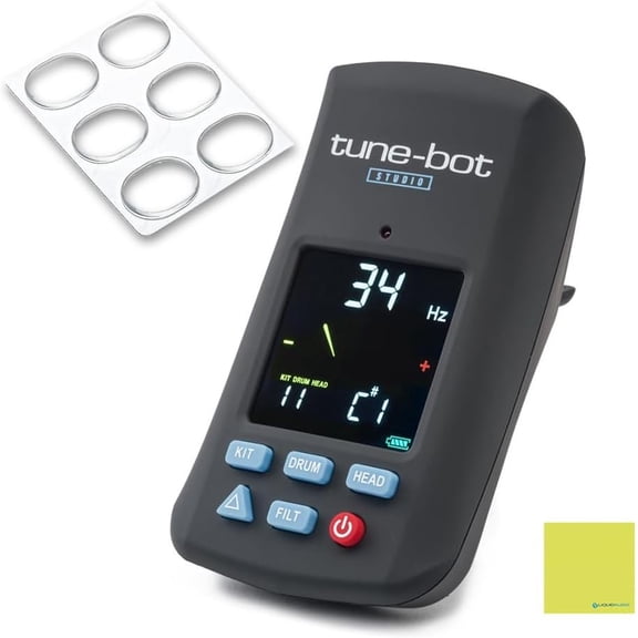 Tune Bot Studio Digital Drum Tuner Bundle with Liquid Audio Drum Dampening Pads and Instrument Polishing Cloth - TBS-001 Professional Clip On Drum Tuner for Acoustic Drum Kits