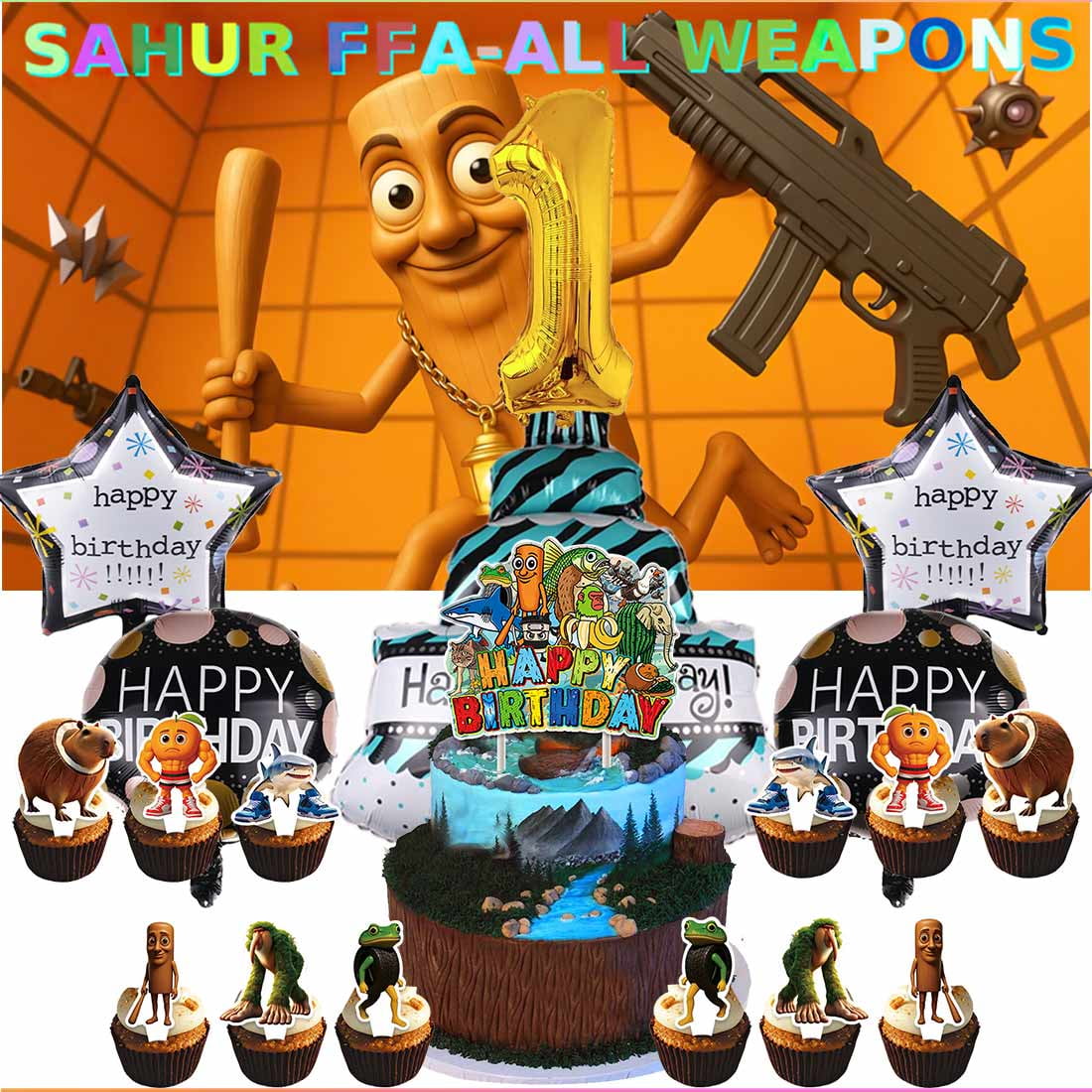 Tung Tung Sahur Birthday Party Decorations - Mythical Creatures Banner & Balloon Set For Children's Theme Parties