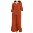 thumbnail image 1 of Tungbrin 2 Piece Plus Size Cotton Linen Sets for Women 3/4 Sleeve V Neck Tops Wide Leg Pants with Pockets Casual Outfits, 1 of 5