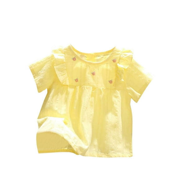 Tungbrin Baby Girls Short Sleeve Shirts Summer Toddler Cute Ruffled Trim Crewneck Tees Fashion Flower Embroidered Tops