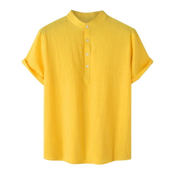 Tungbrin Cotton Linen Shirts for Men Summer Short Sleeve Button up Beach Tees Lightweight Solid Color Vacation T-Shirts