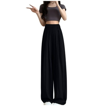Tungbrin Cotton Palazzo Pants for Women Flowy Baggy Comfy Drape Pleated Trouser Elastic High Waist Solid Color Pants