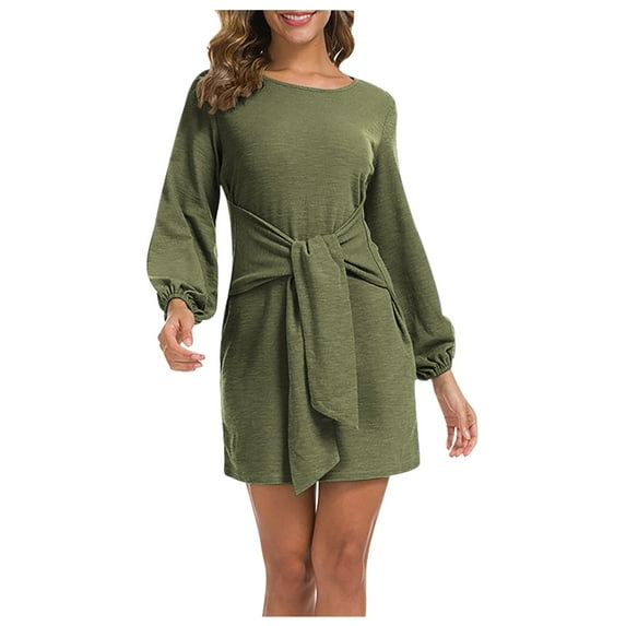 Tungbrin Fall Dresses for Women Long Sleeve Crew Neck Tie Front Casual Dresses Solid Color Soft Comfy Fashion Dresses