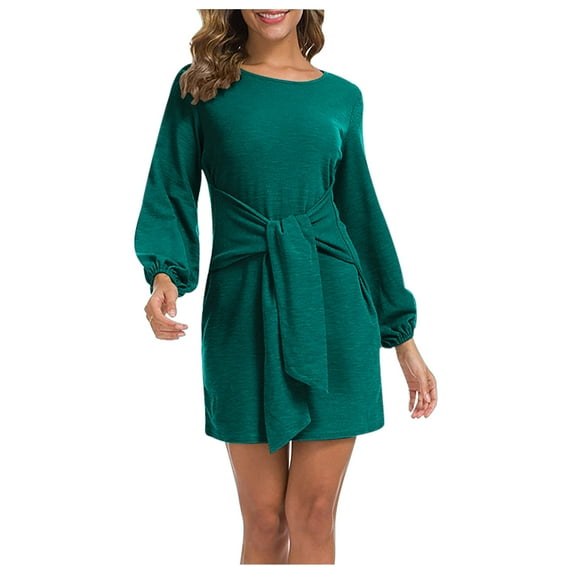 Tungbrin Fall Dresses for Women Long Sleeve Crew Neck Tie Front Casual Dresses Solid Color Soft Comfy Fashion Dresses