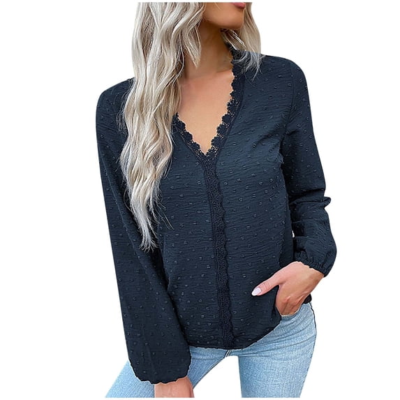 Tungbrin Floral Print Long Sleeve T Shirts for Women V Neck Solid Color Loose Blouses Fall Lightweight Casual Tops