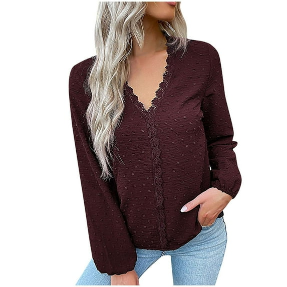 Tungbrin Floral Print Long Sleeve T Shirts for Women V Neck Solid Color Loose Blouses Fall Lightweight Casual Tops