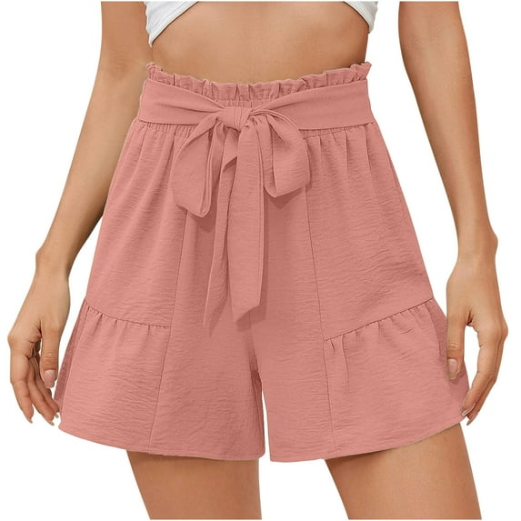 Tungbrin Flowy Short for Women Boho Bow Tie Decorate Casual Summer Shorts with Pockets Elastic Waist Loose Wide Leg Short