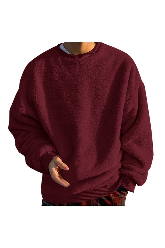 Fuzzy Sweatshirt for Men Winter Warm Long Sleeve Crewneck Oversized Shirts Plus Size Comfy Soft Plush Tops