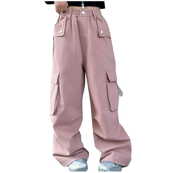 Tungbrin Girl's Cargo Pants Baggy High Elastic Waisted Wide Leg Trousers Casual Multi Pockets Pants Fashion Streetwear