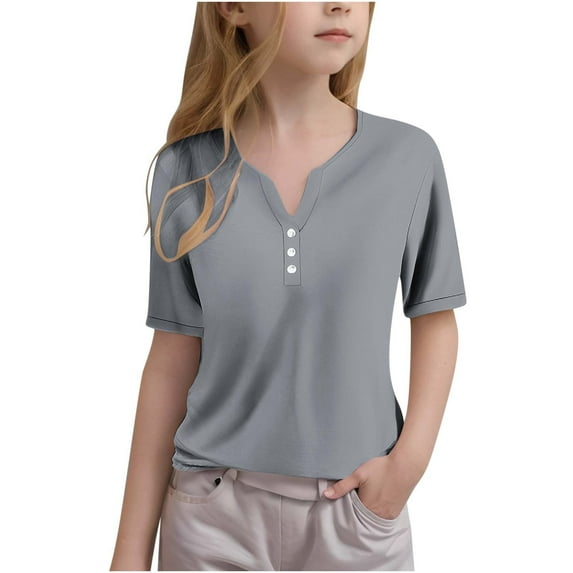 Tungbrin Girl's Summer Short Sleeve Shirts Basic Solid Color V Neck Button up Tops Casual Loose T Shirts Kids Clothes