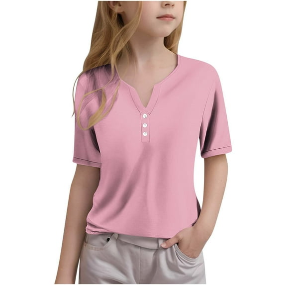 Tungbrin Girl's Summer Short Sleeve Shirts Basic Solid Color V Neck Button up Tops Casual Loose T Shirts Kids Clothes