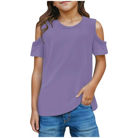 Tungbrin Girls Cold Shoulder Shirts 2025 Summer Cute Crewneck Short Sleeve Tees Casual Loose Tunic Tops 3-11 Years