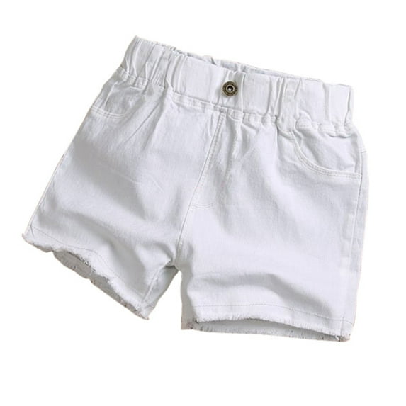 Tungbrin Girls Summer Jean Shorts Casual Elastic Waist Frayed Raw Hem Denim Shorts Children's Stretch Shorts with Pockets
