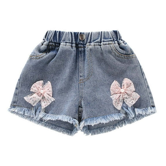 Tungbrin Girls Summer Jeans Shorts Cute Lace Bowknot Decoration Shorts Frayed Raw Hem Elastic Waist Denim Shorts