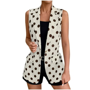 Tungbrin Jacket for Women Sleeveless Dot Print Long Casual Coat with Pockets Loose Lightweight Comfy Pleated Fashion Vest