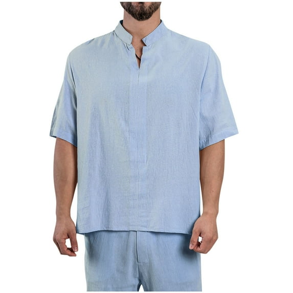 Tungbrin Men's Cotton Linen Shirts for Women Loose Lightweight Half Sleeves Tees Casual Solid Collared T-Shirt