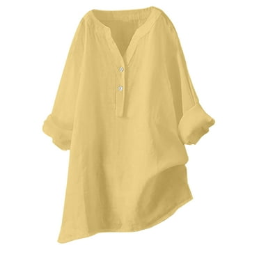Tungbrin Plus Size Cotton Linen Oversized Tops for Women Long Sleeve Button up V Neck Blouse Solid Loose Casual Clothes