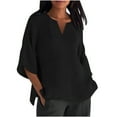 thumbnail image 1 of Tungbrin Plus Size Cotton Linen Tees for Women 2025 Summer Trendy Clothes Half Sleeve V Neck Solid Loose Casual Shirts, 1 of 5