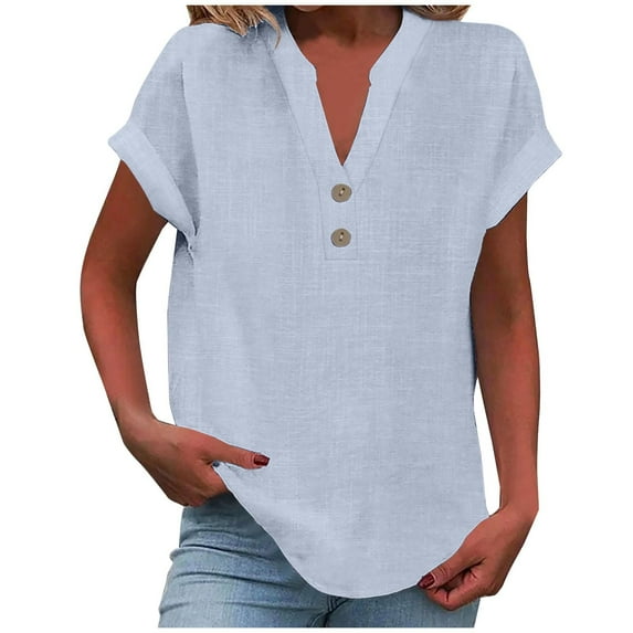 Tungbrin Plus Size Cotton Linen Tops for Women Short Sleeve V Neck Button down Loose Blouse Solid Summer Casual Clothes