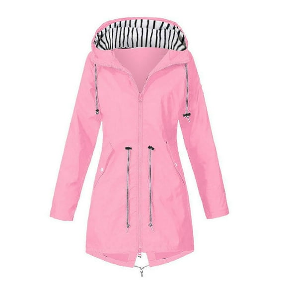 Tungbrin Plus Size Rain Jacket for Women Drawstring Zip up Waterproof Hooded Raincoat with Pockets Long Sleeve Trench Coat