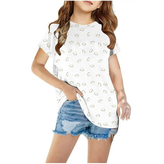 Tungbrin Short Sleeve Shirts for Girls Summer Cute Heart Graphic Printed Tunic Tops Kids Casual Crew Neck Blouses