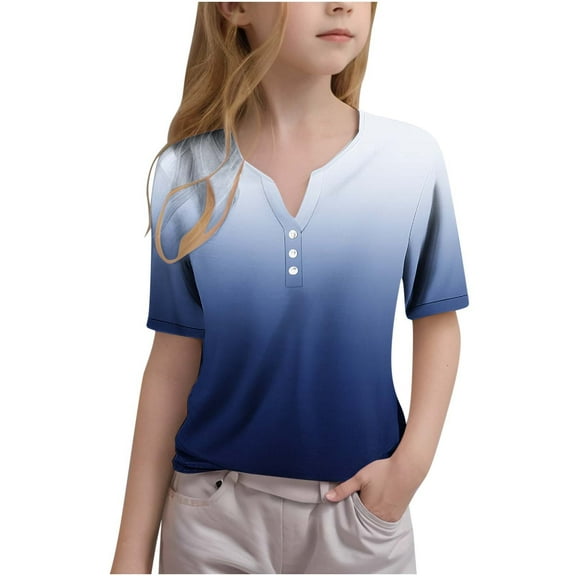 Tungbrin Short Sleeve T-Shirts for Girls Summer Casual V Neck Button up Tops Kids Trendy Gradient Color Outfits