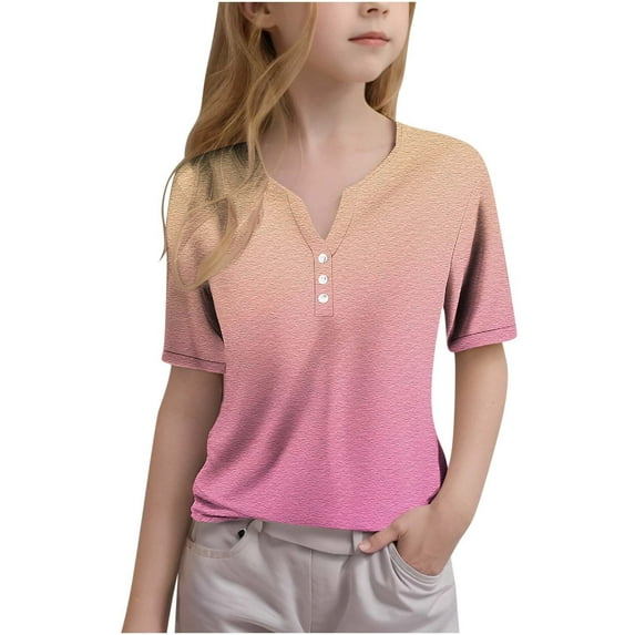 Tungbrin Short Sleeve T-Shirts for Girls Summer Casual V Neck Button up Tops Kids Trendy Gradient Color Outfits