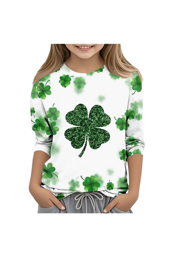 St. Patrick's Day Shirts for Girls Classic Crewneck 3/4 Sleeve Tshirts Trendy Shamrock Graphic Kids Tops