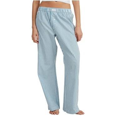 Tungbrin Striped Cotton Pants for Women Elastic High Waist Loose Straight Leg Trousers with Pockets Button Decorate Pants