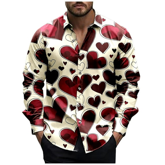 Tungbrin Valentine's Day Button down Shirts for Men Funny Heart Graphic Printed Long Sleeve Shirts Casual Lapel Tops